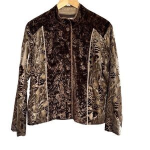 Chico's Chocolate Brown Velvet Burnout Floral Patchwork Jacket Button Front